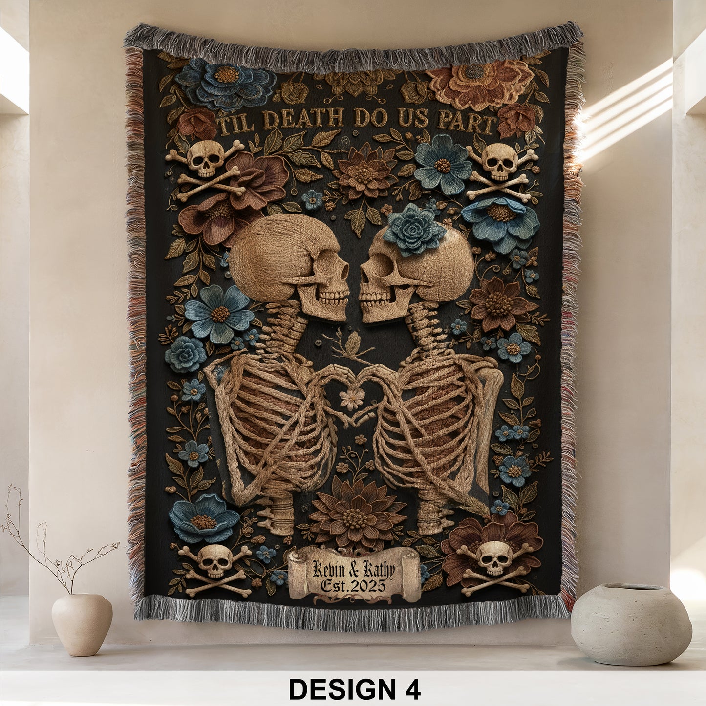 Skeleton Couple Till Death Blanket, Personalized Skeleton Lovers Wedding Blanket, Spooky Goth Couple Halloween Gift, Valentines, Anniversary