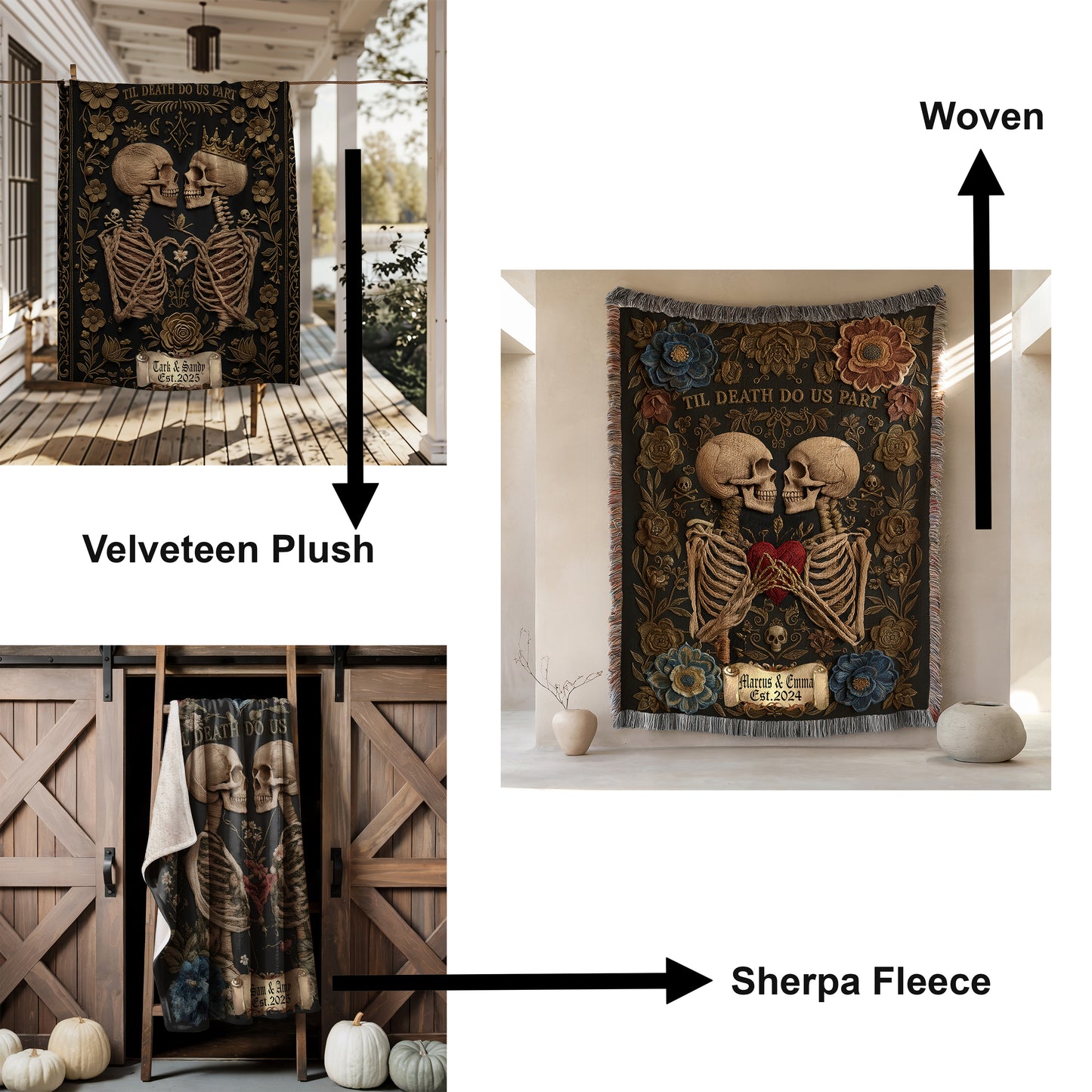 Skeleton Couple Till Death Blanket, Personalized Skeleton Lovers Wedding Blanket, Spooky Goth Couple Halloween Gift, Valentines, Anniversary