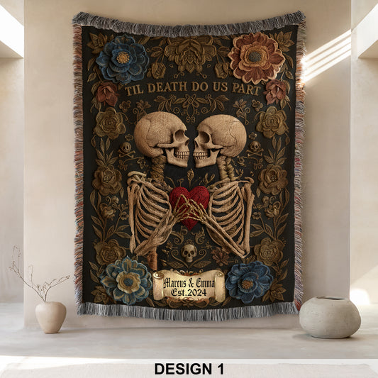 Skeleton Couple Till Death Blanket, Personalized Skeleton Lovers Wedding Blanket, Spooky Goth Couple Halloween Gift, Valentines, Anniversary