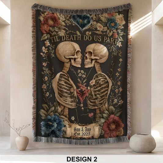 Skeleton Couple Till Death Blanket, Personalized Skeleton Lovers