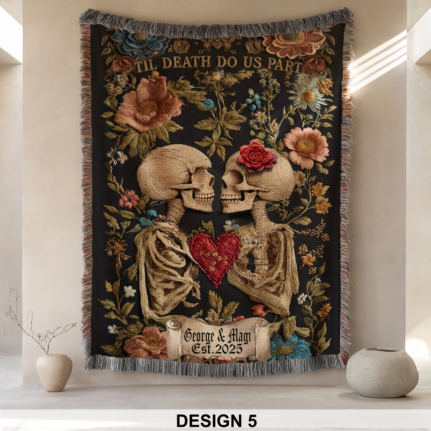 Skeleton Couple Till Death Blanket, Personalized Skeleton Lovers