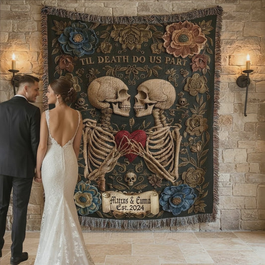 Skeleton Couple Till Death Blanket, Personalized Skeleton Lovers